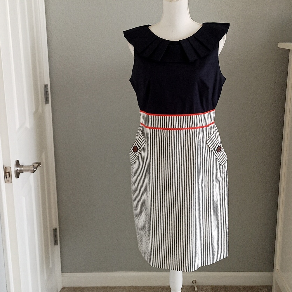 Navy and White Stripe Sleeveless Dress with Pleated Collar
